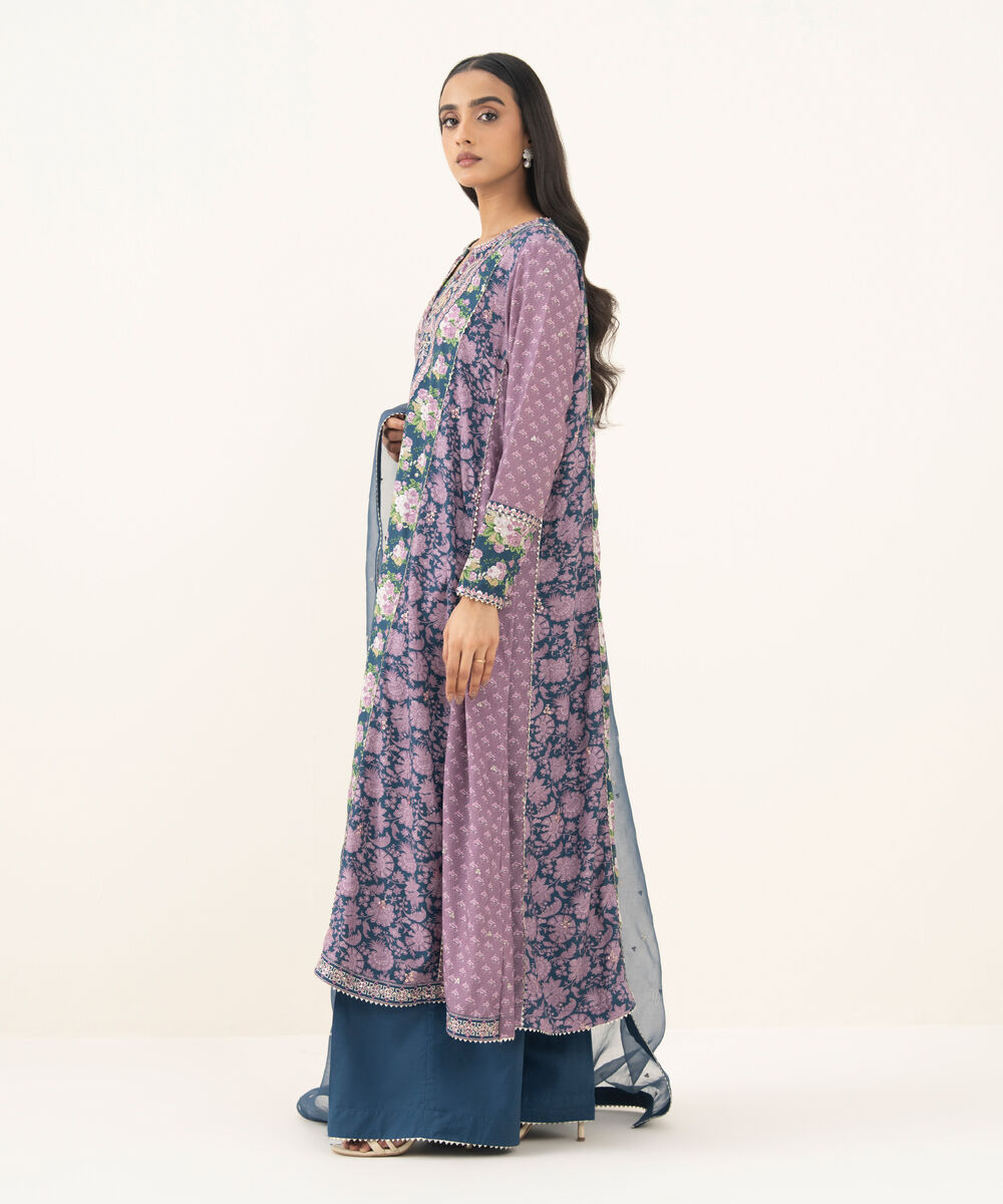 Women's RTW Textured Viscose Embroidered Purple 3 Piece Suit