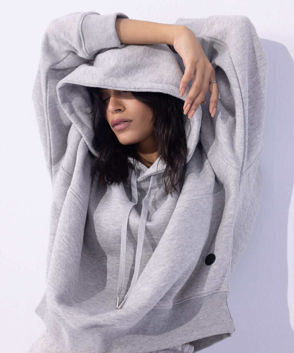 Woman - Grey Fleece Hoodie with Waist Panel