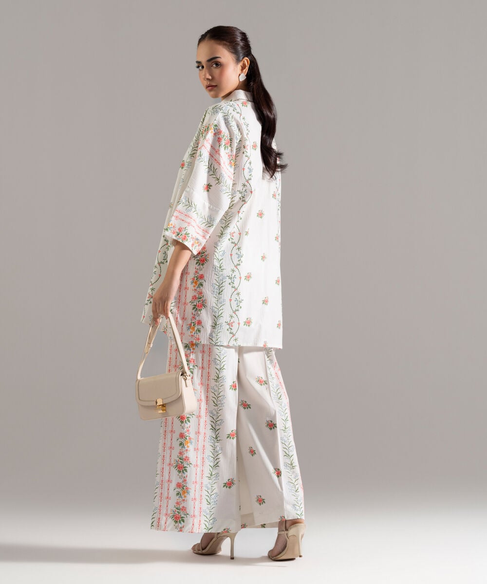 Women's RTW Seersucker Printed Grey 2 Piece Suit