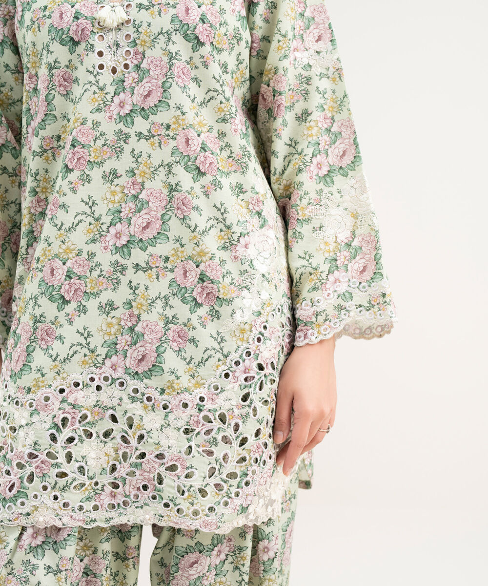 Women's RTW Zari Cotton Embroidered Green Straight Shirt