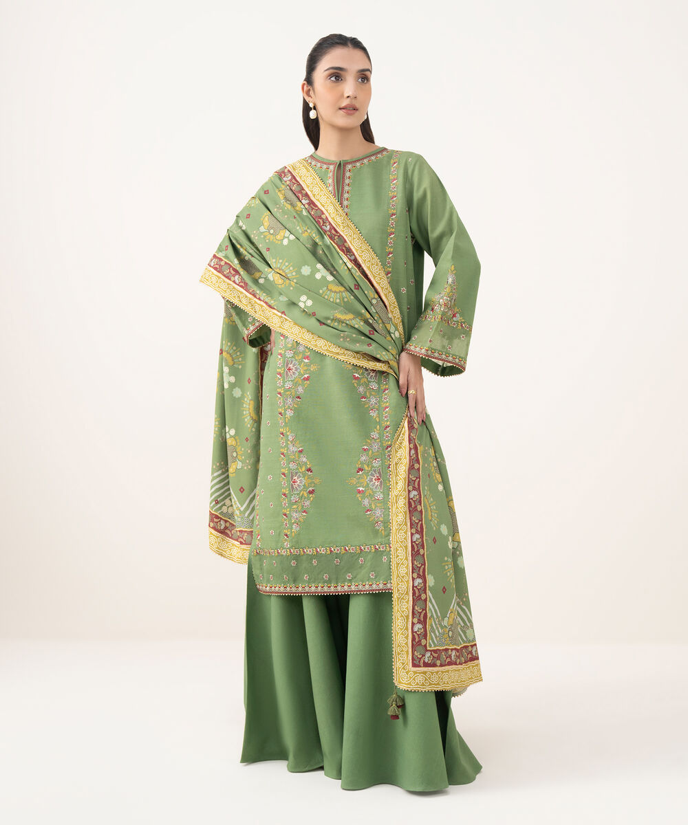 Women's Unstitched Light Khaddar Embroidered Green 3 Piece Suit