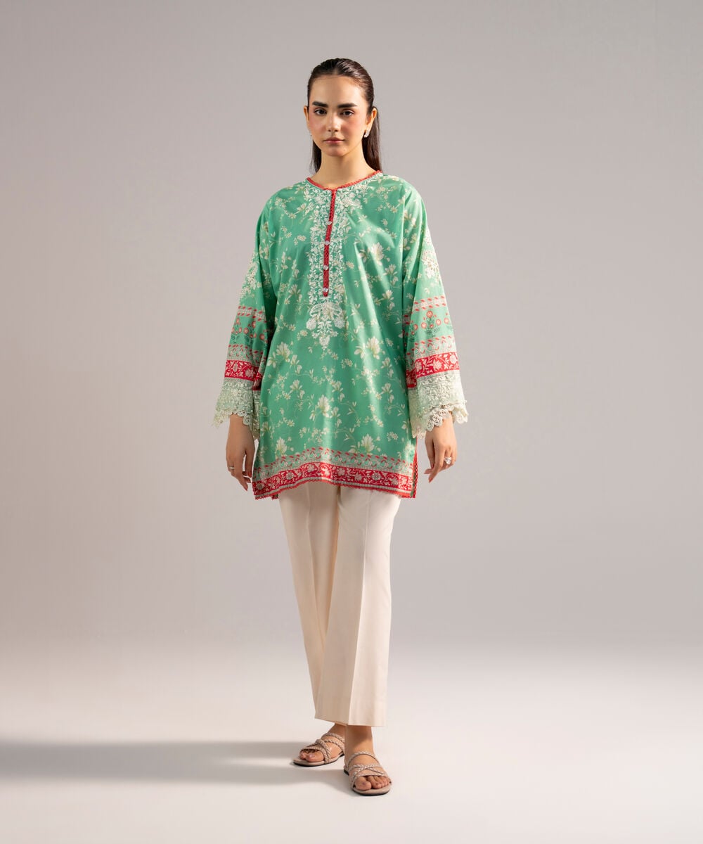 Women's RTW Lawn Embroidered Turquoise Straight Shirt