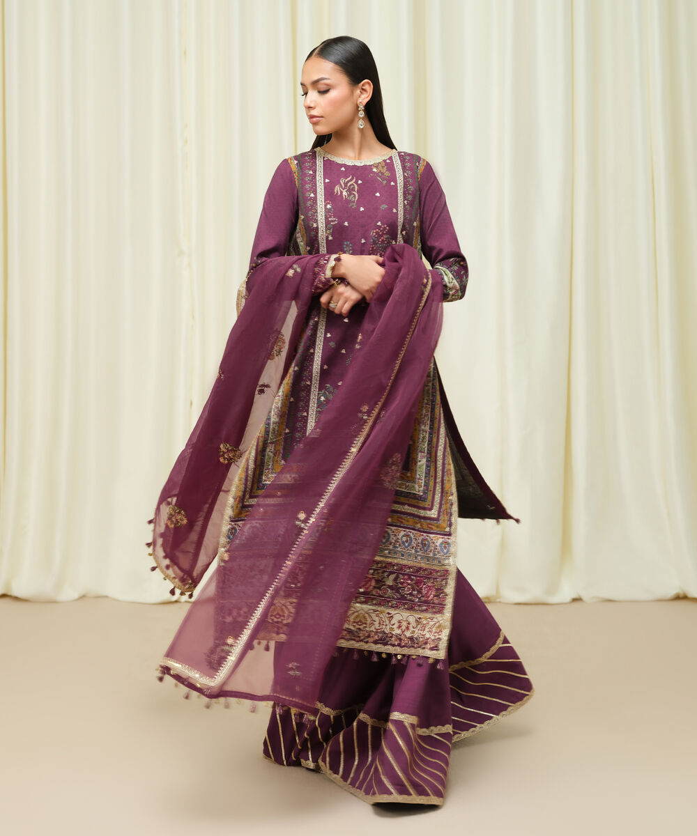 Women's Unstitched Raw Silk Embroidered Purple 3 Piece Suit