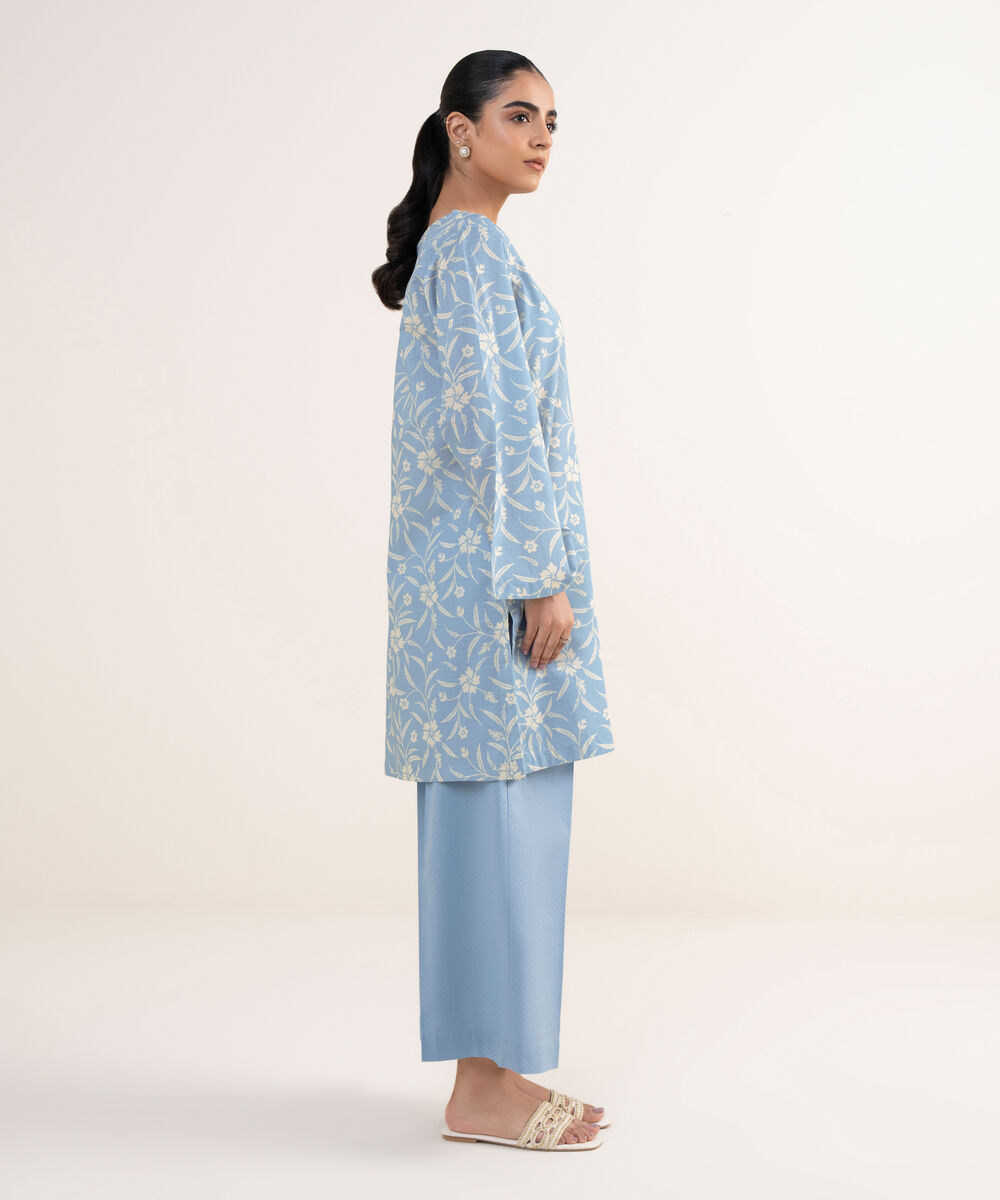 Women's RTW Textured Lawn Blue Embroidered A-Line Shirt