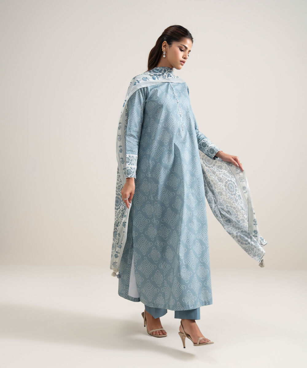 Women's Unstitched Lawn Printed Ice Blue and Off White 3 Piece Suit