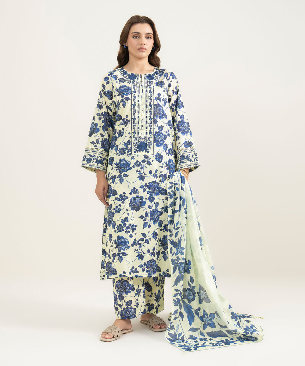 Women's RTW Slub Lawn Embroidered Off White 3 Piece Suit