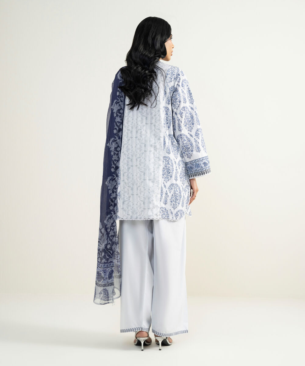 Women's RTW Cotton Embroidered Blue 3 Piece Suit