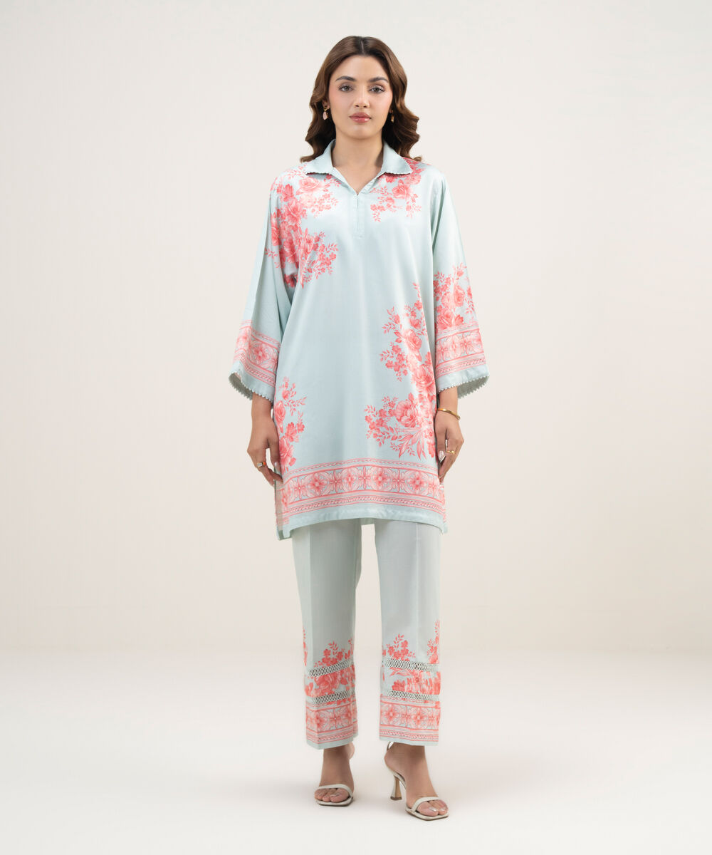 Women's RTW Dobby Printed Blue 2 Piece Suit