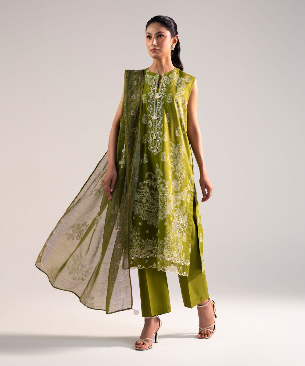 Women's Stitched for You Lawn Green Embroidered 3 Piece Suit