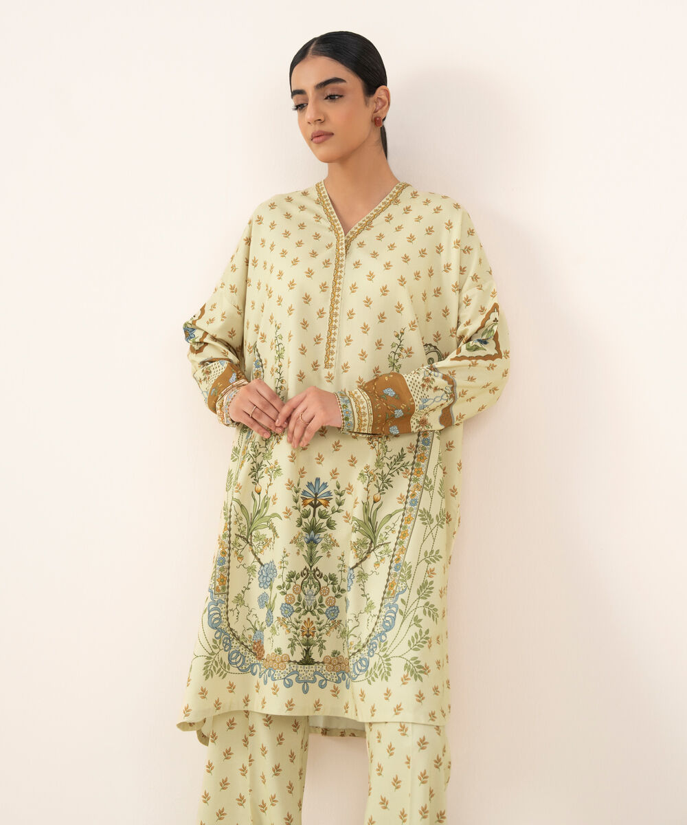 Women's Unstitched Viscose Khaddar Printed Beige 2 Piece Suit