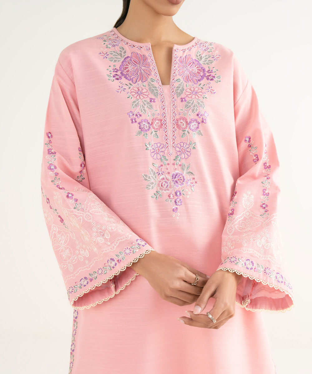 Women's Unstitched Cotton Embroidered Pink 3 Piece Suit