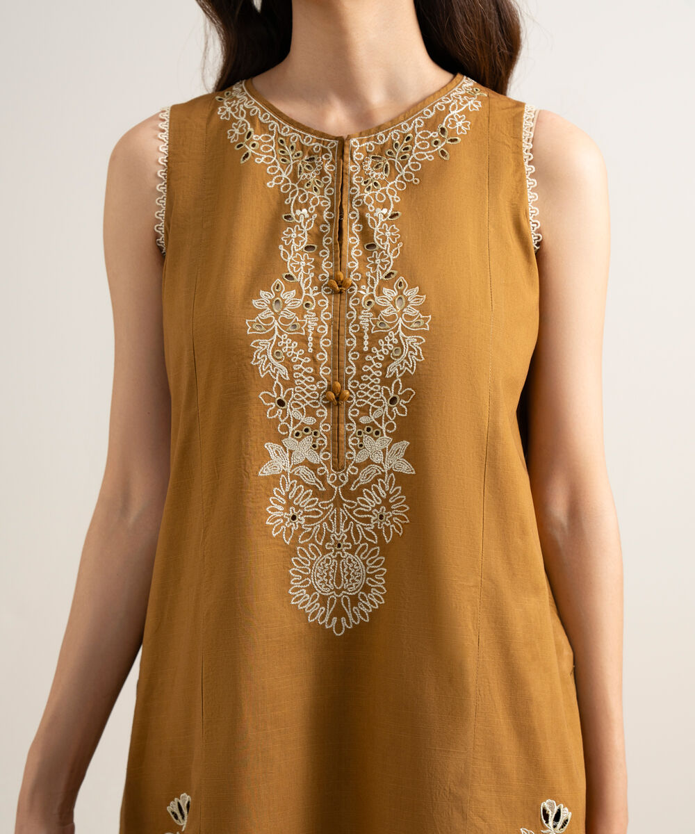 Women's Unstitched Textured Lawn Embroidered Mustard 3 Piece Suit