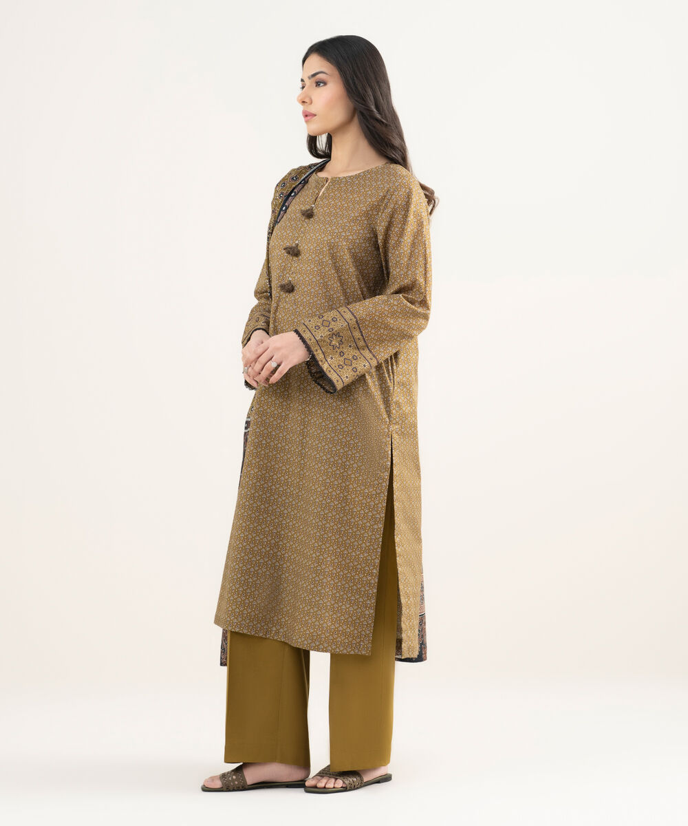 Women's RTW Lawn Printed Mustard Brown 3 Piece Suit