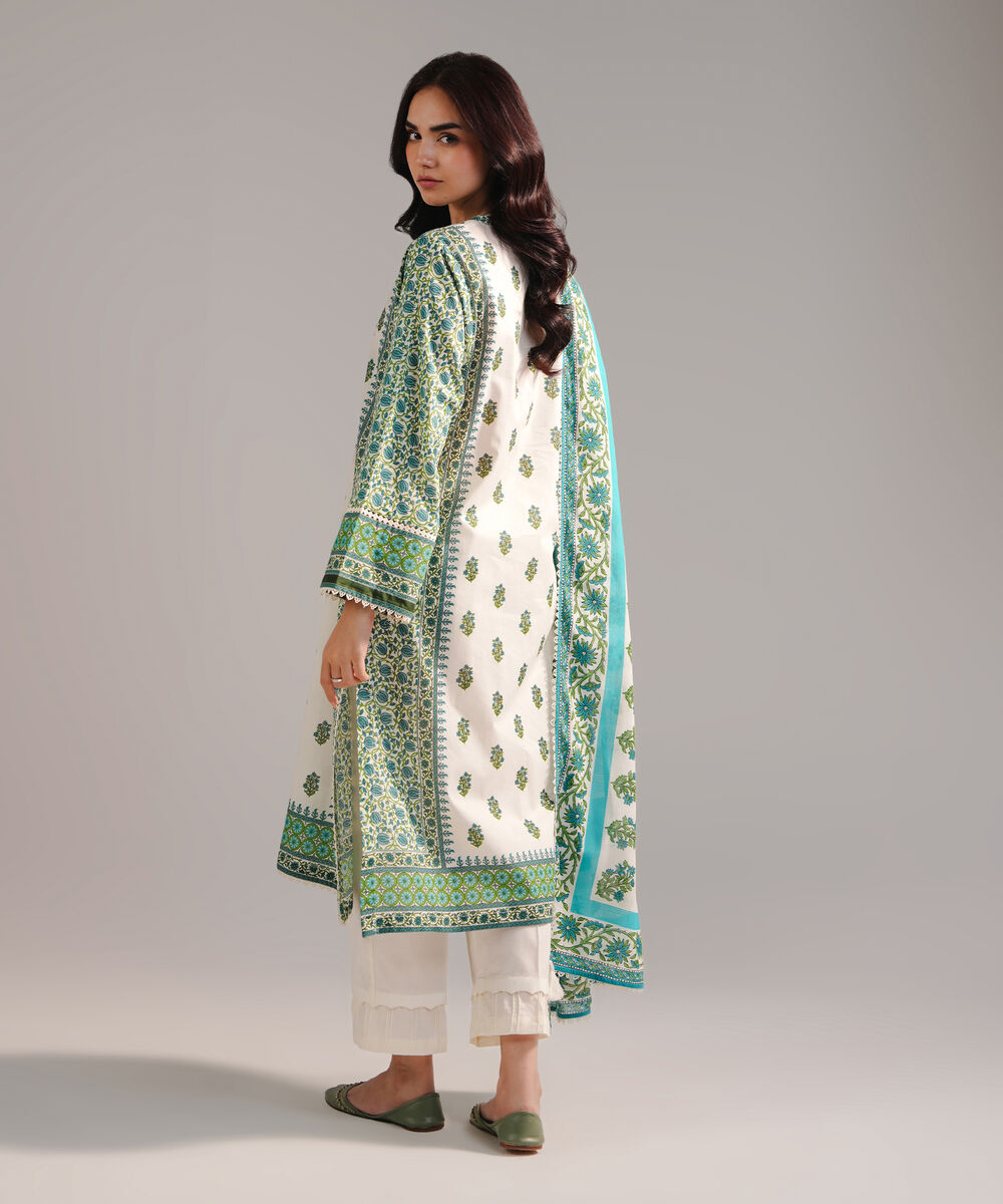 Women's RTW Lawn Printed Off White 3 Piece Suit