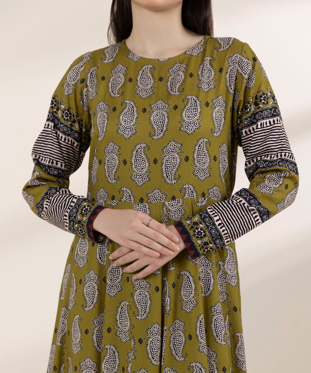 Women's RTW Arabic Lawn Green Printed Peshwas