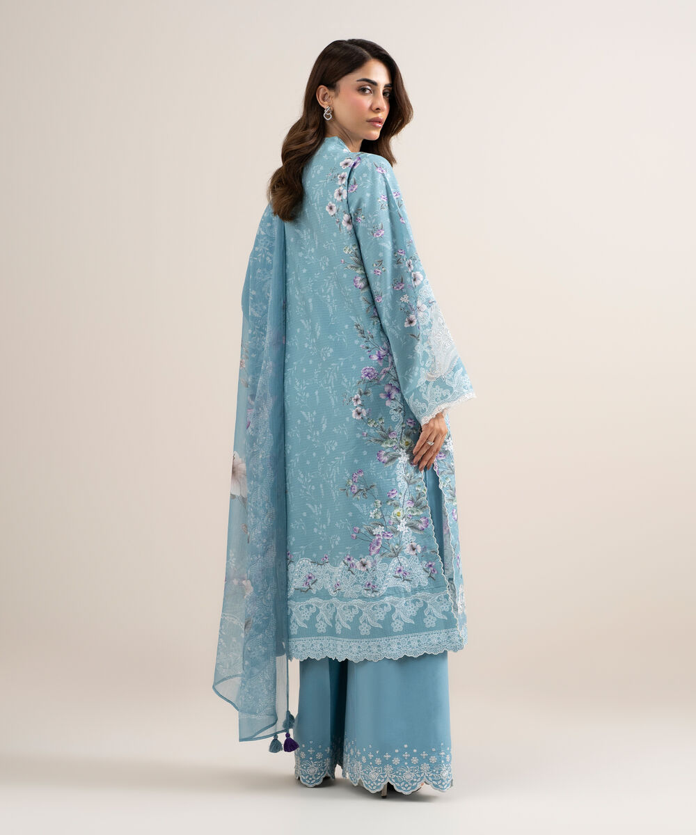 Women's Unstitched Dobby Embroidered Blue 3 Piece Suit