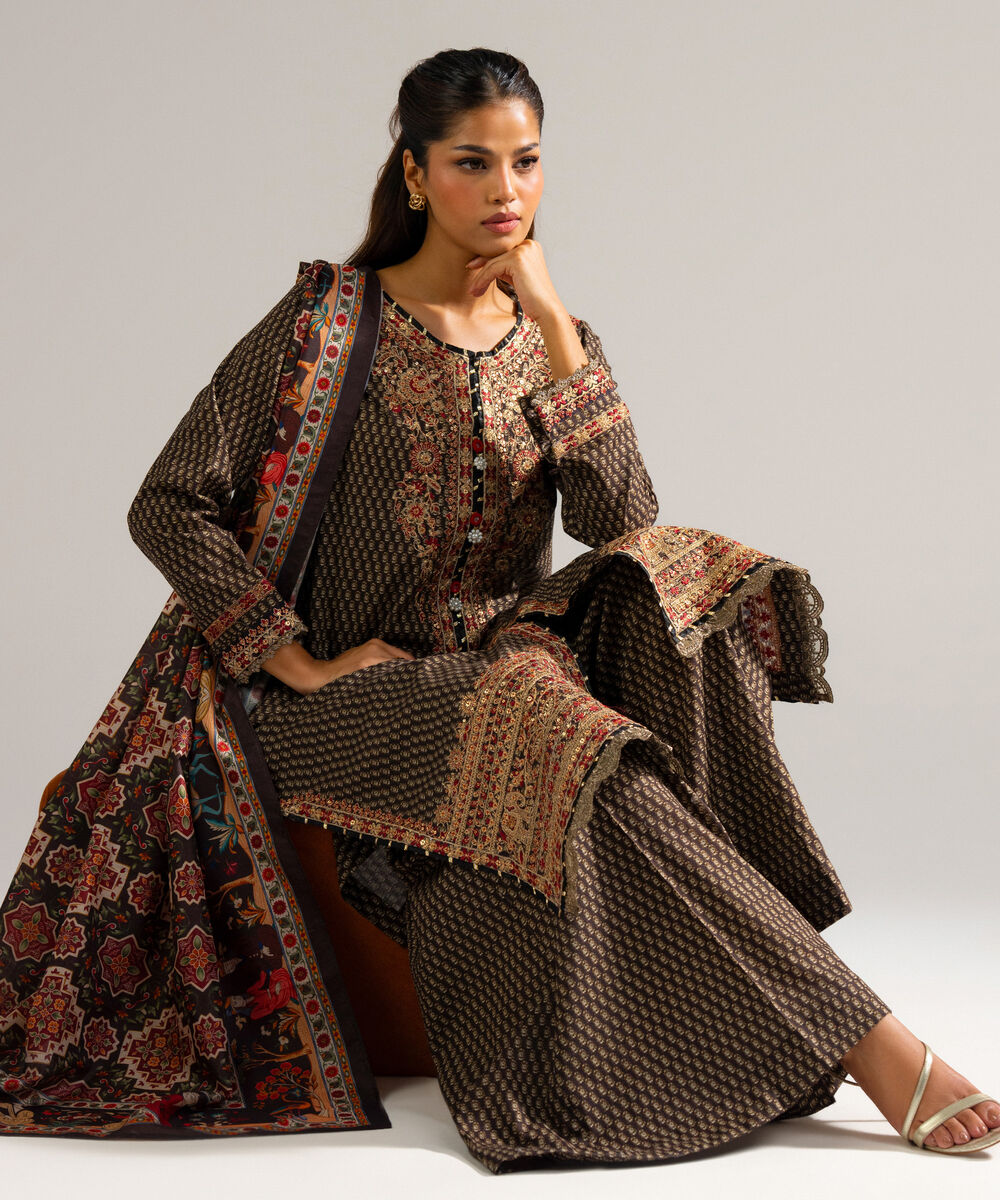 Women's RTW Dobby Embroidered Brown 3 Piece Suit