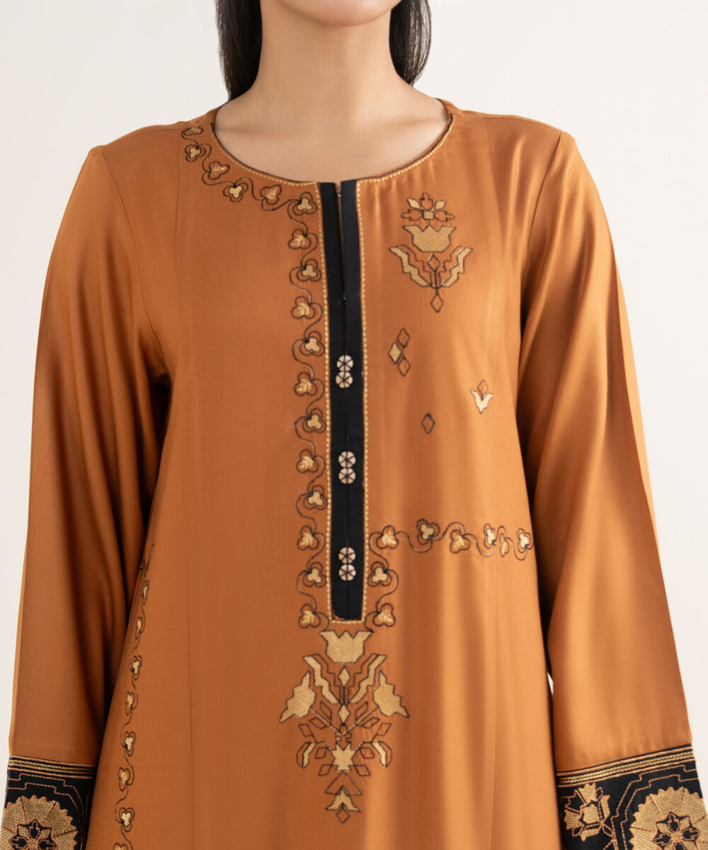 Women's RTW Viscose Marina Embroidered Brown A-Line Shirt