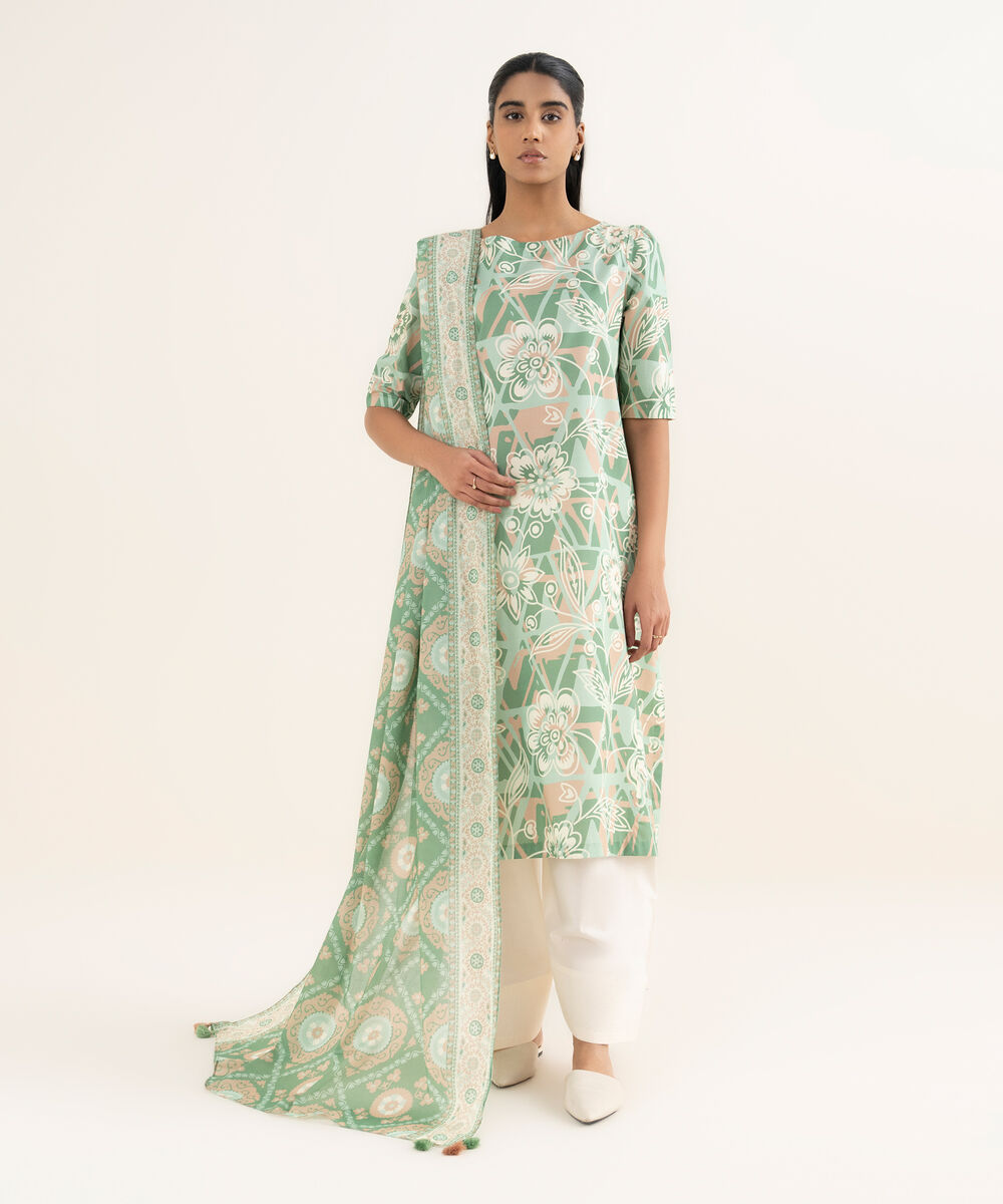 Women's Unstitched Lawn Printed Green 2 Piece Suit