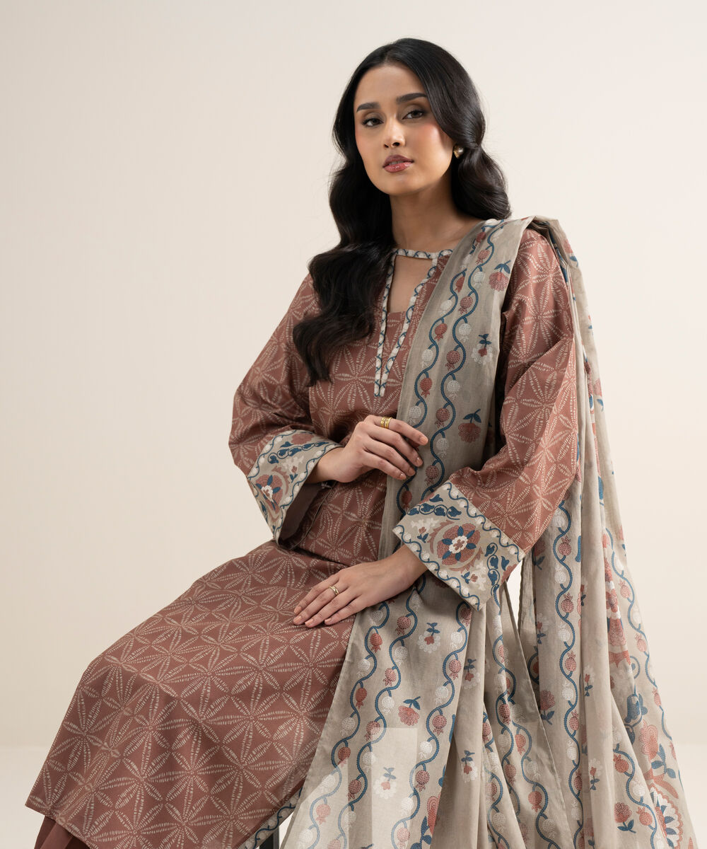 Women's Unstitched Lawn Printed Brown 3 Piece Suit