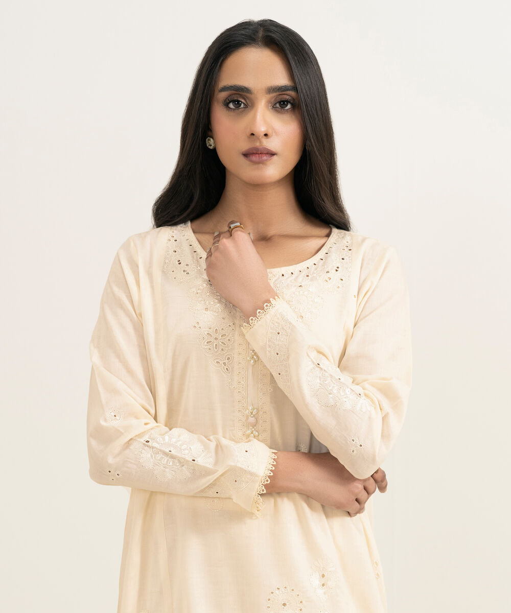 Women's RTW Self Jacquard Embroidered Off White A-Line Shirt