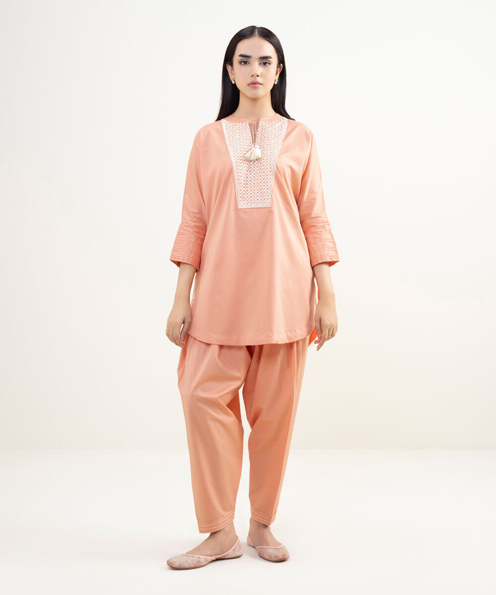 Women's RTW Dobby Embroidered Pink Drop Shoulder Shirt