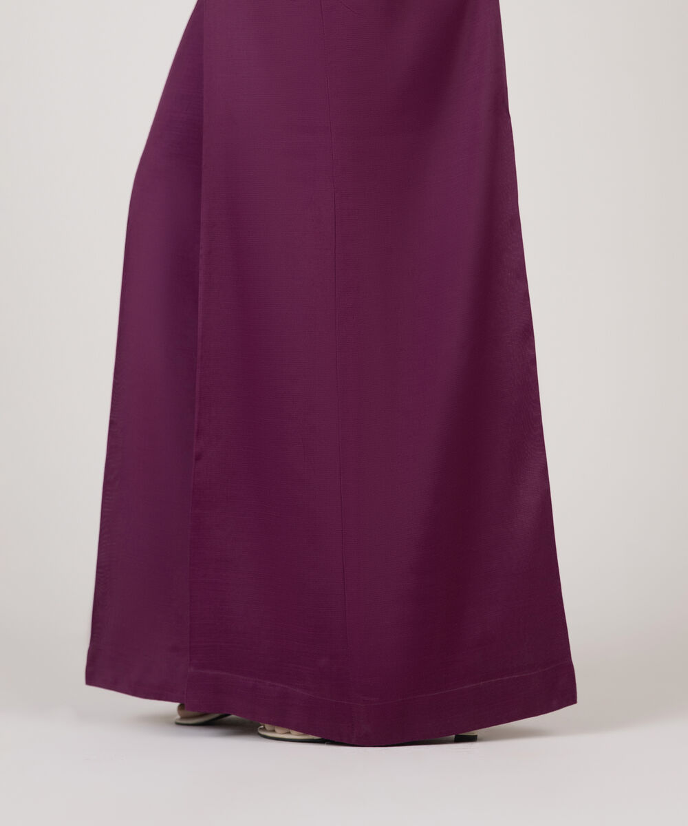 Women's RTW Viscose Raw Silk Solid Purple Flared Pants