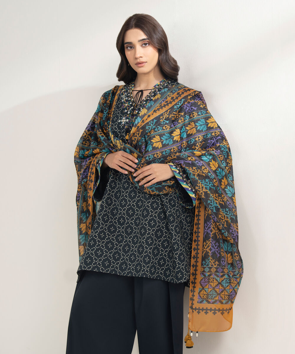 Women's Unstitched Cotton Embroidered Black 3 Piece Suit