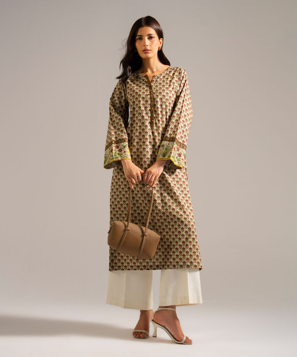 Women's RTW Lawn Printed Green Straight Shirt