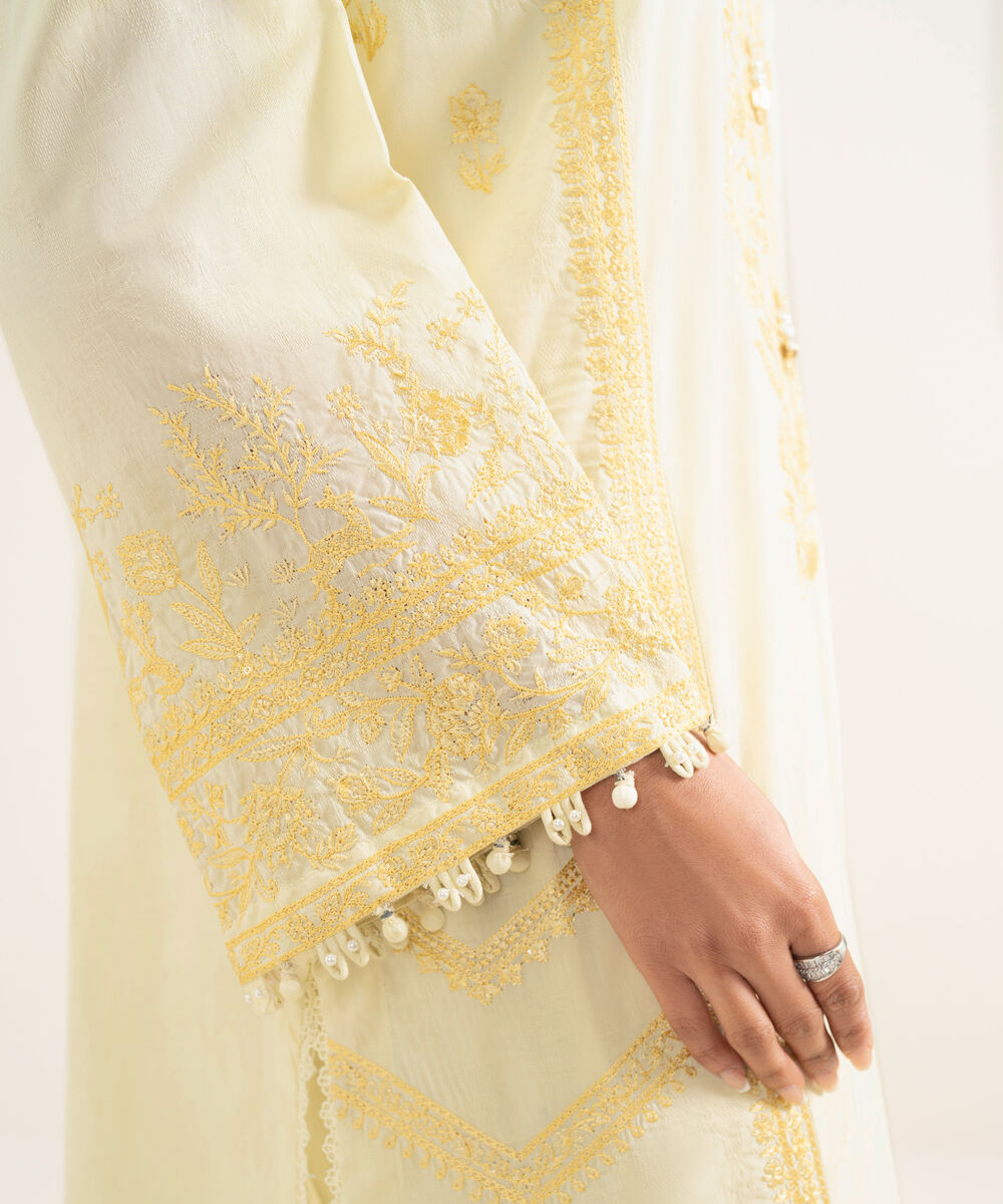 Women's RTW Self Jacquard Embroidered Yellow A-Line Shirt