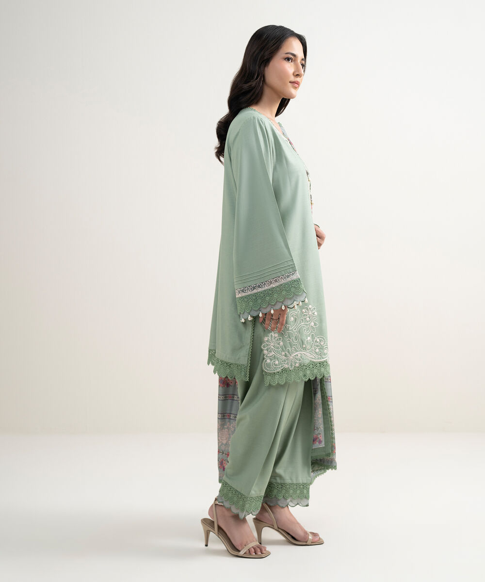 Women's RTW Raw Silk Viscose Embroidered Green 3 Piece Suit