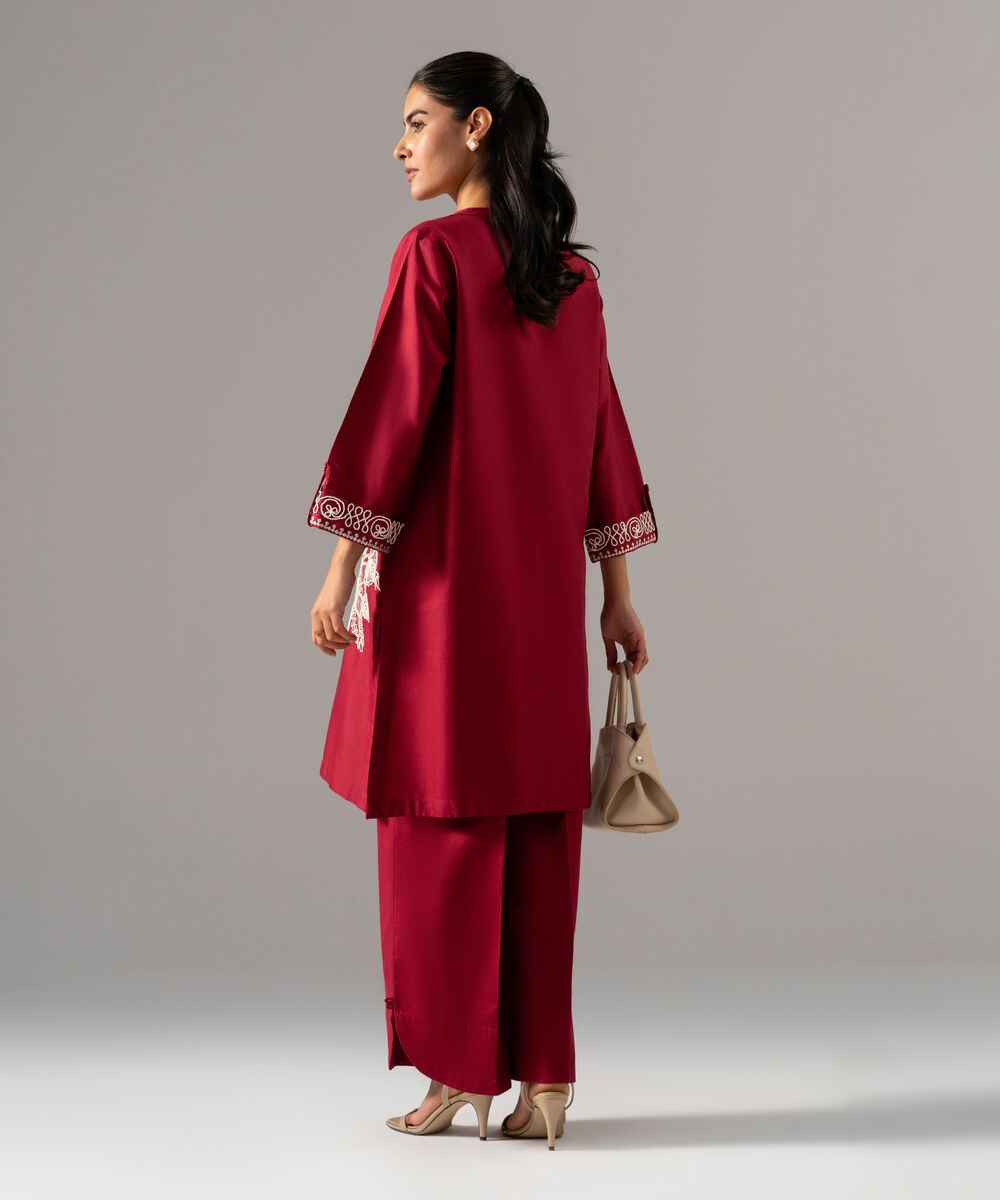 Women's RTW Cotton Linen Embroidered Red 2 Piece Suit