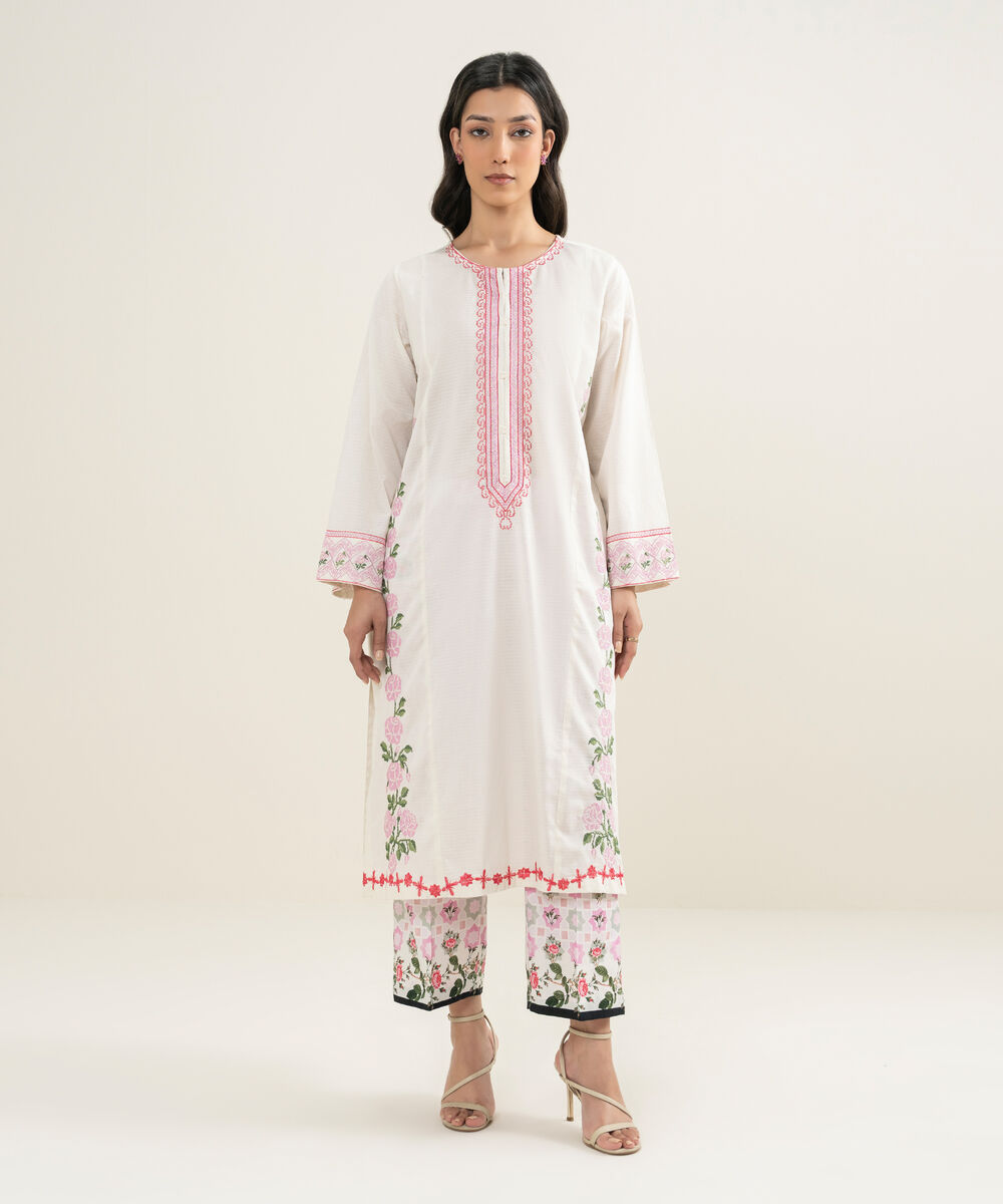 Women's RTW Dobby Embroidered Off White Straight Shirt