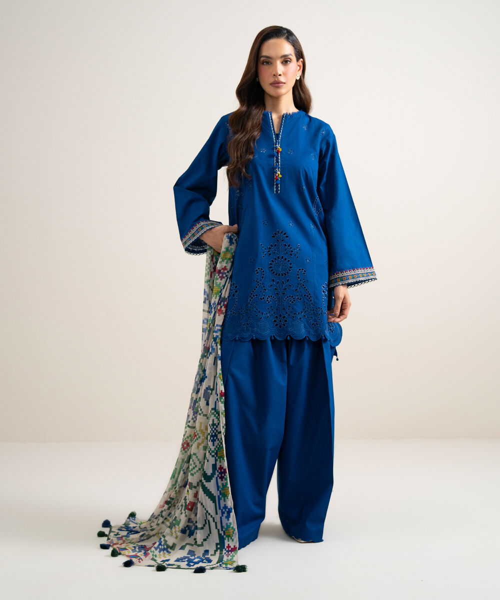 Women's Unstitched Lawn Embroidered Blue  3 Piece Suit