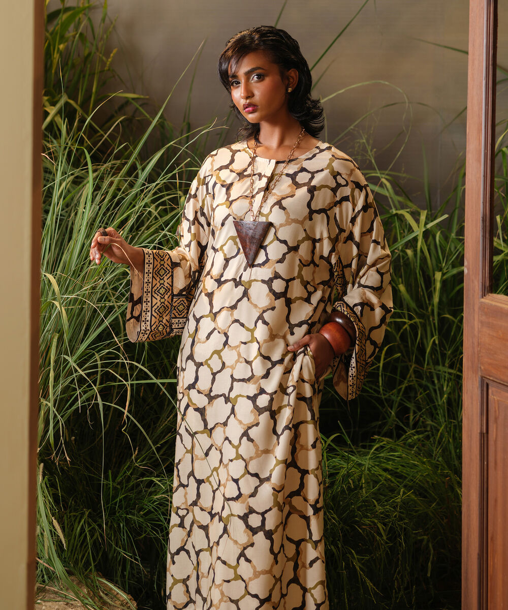 Women's RTW Arabic Lawn Beige Printed Drop Shoulder Shirt