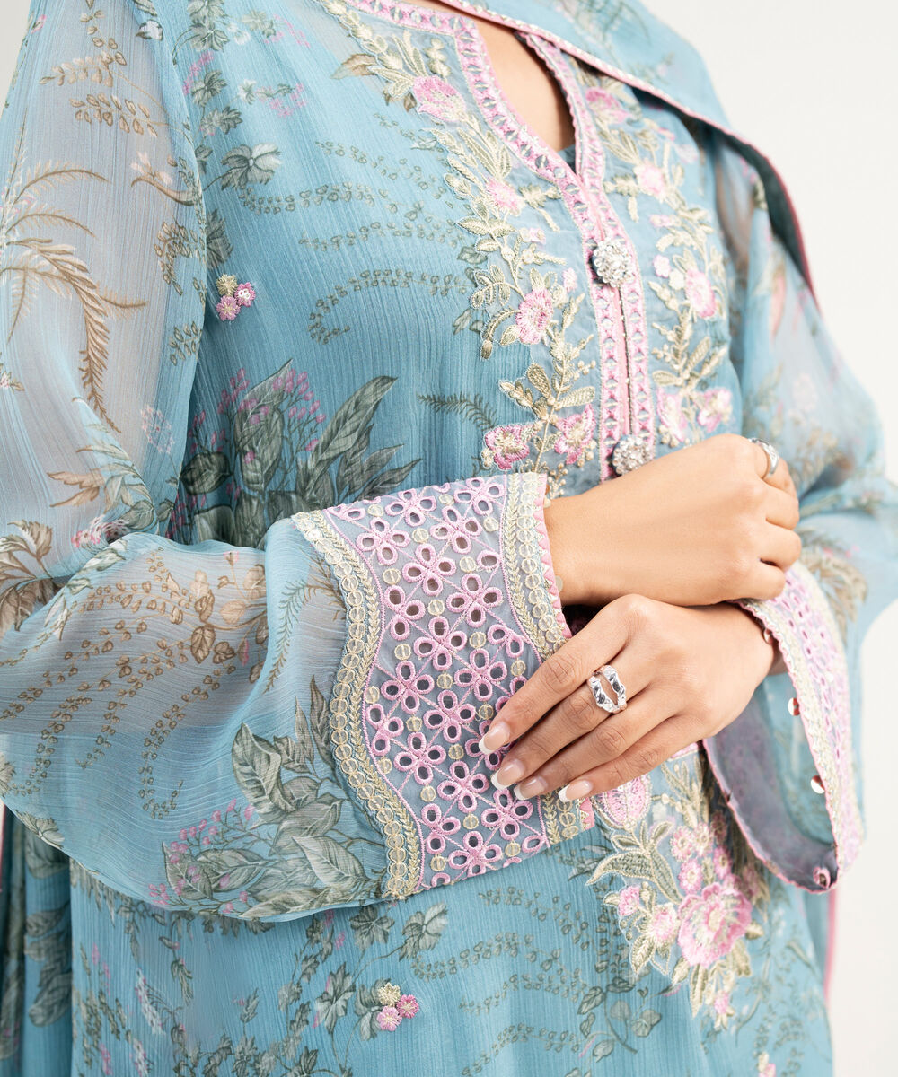 Women's RTW Blended Chiffon Embroidered Blue 3 Piece Suit