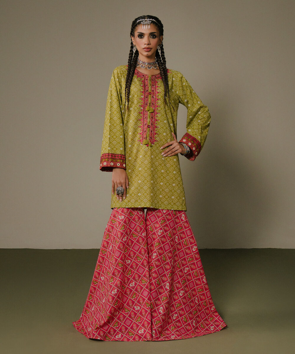 Women's RTW Cambric Green Embroidered A-Line Shirt