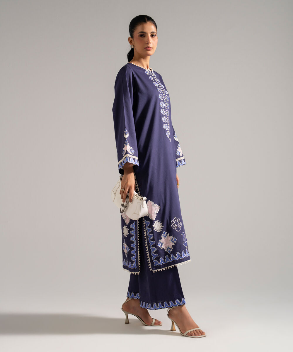 Women's RTW Dobby Embroidered Blue 2 Piece Suit