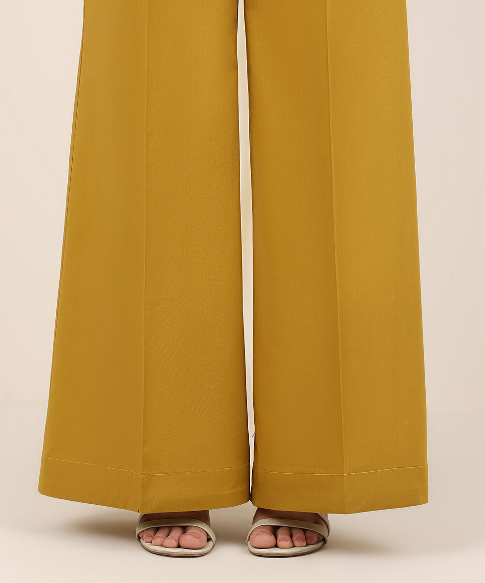 Women's RTW Cambric Yellow Solid Flared Pants