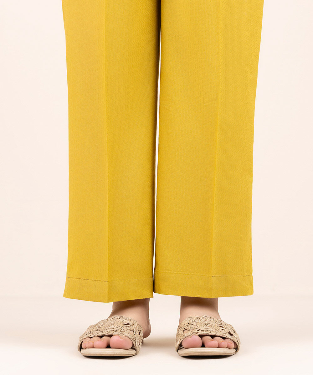 Woman - Yellow Solid Cotton Straight Pants