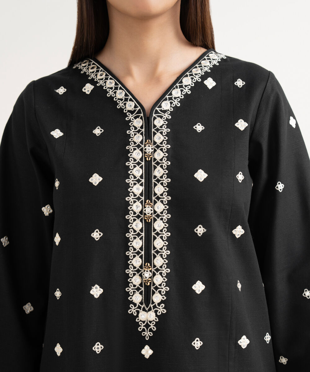 Women's Unstitched Light Khaddar Embroidered Black 3 Piece Suit