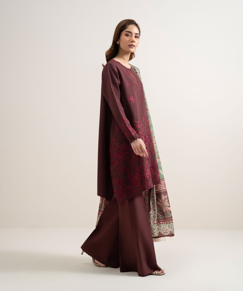 Women's Unstitched Dobby Embroidered Red 3 Piece Suit