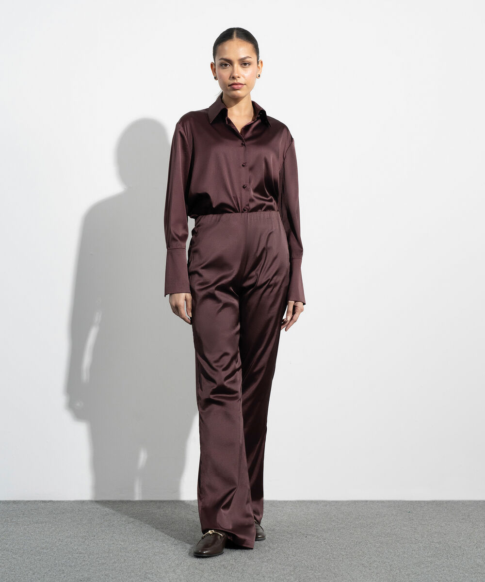Women's Western Maroon Wide Leg Satin Trousers
