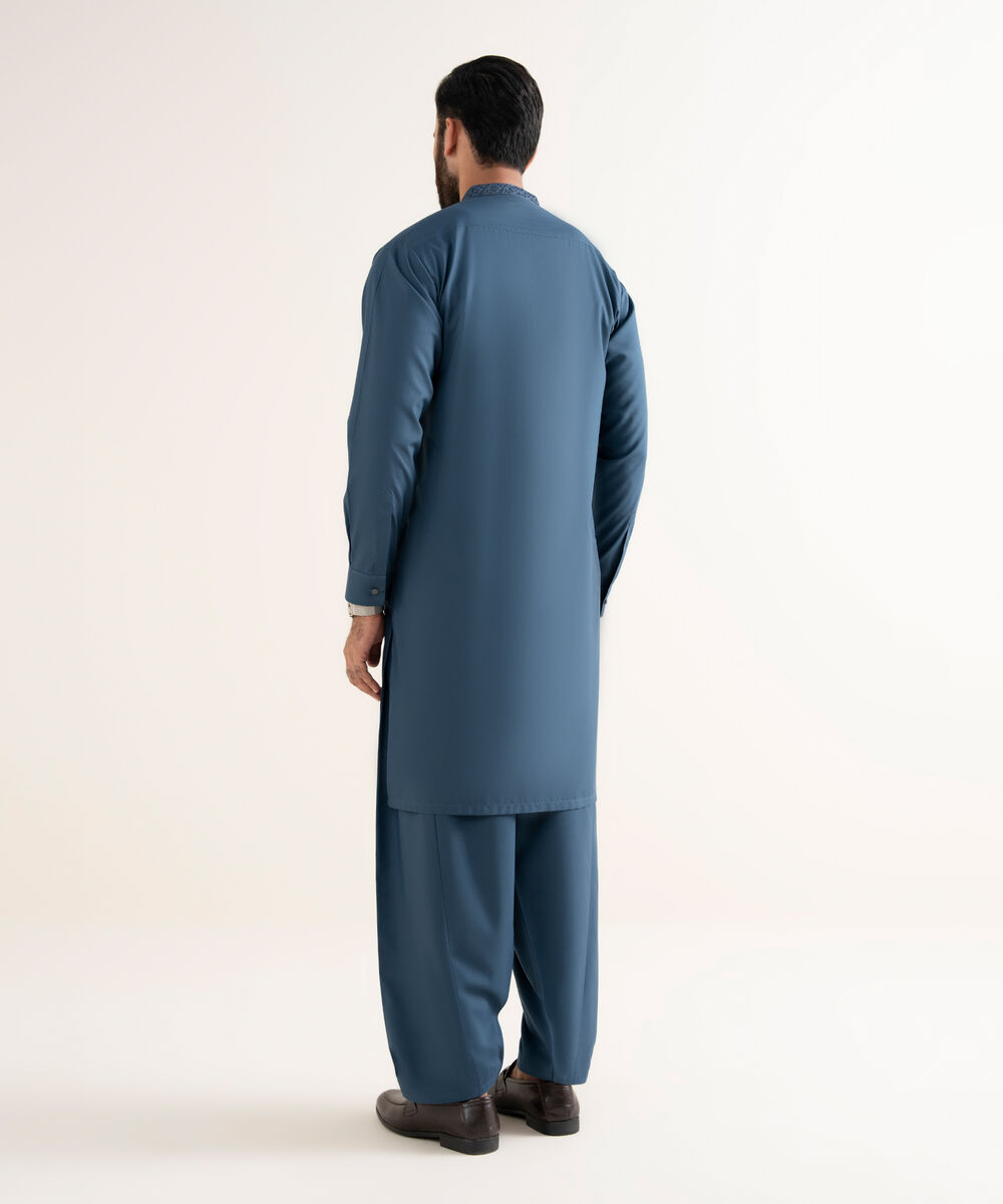 Men's Wash & Wear Embroidered Blue Kurta Shalwar