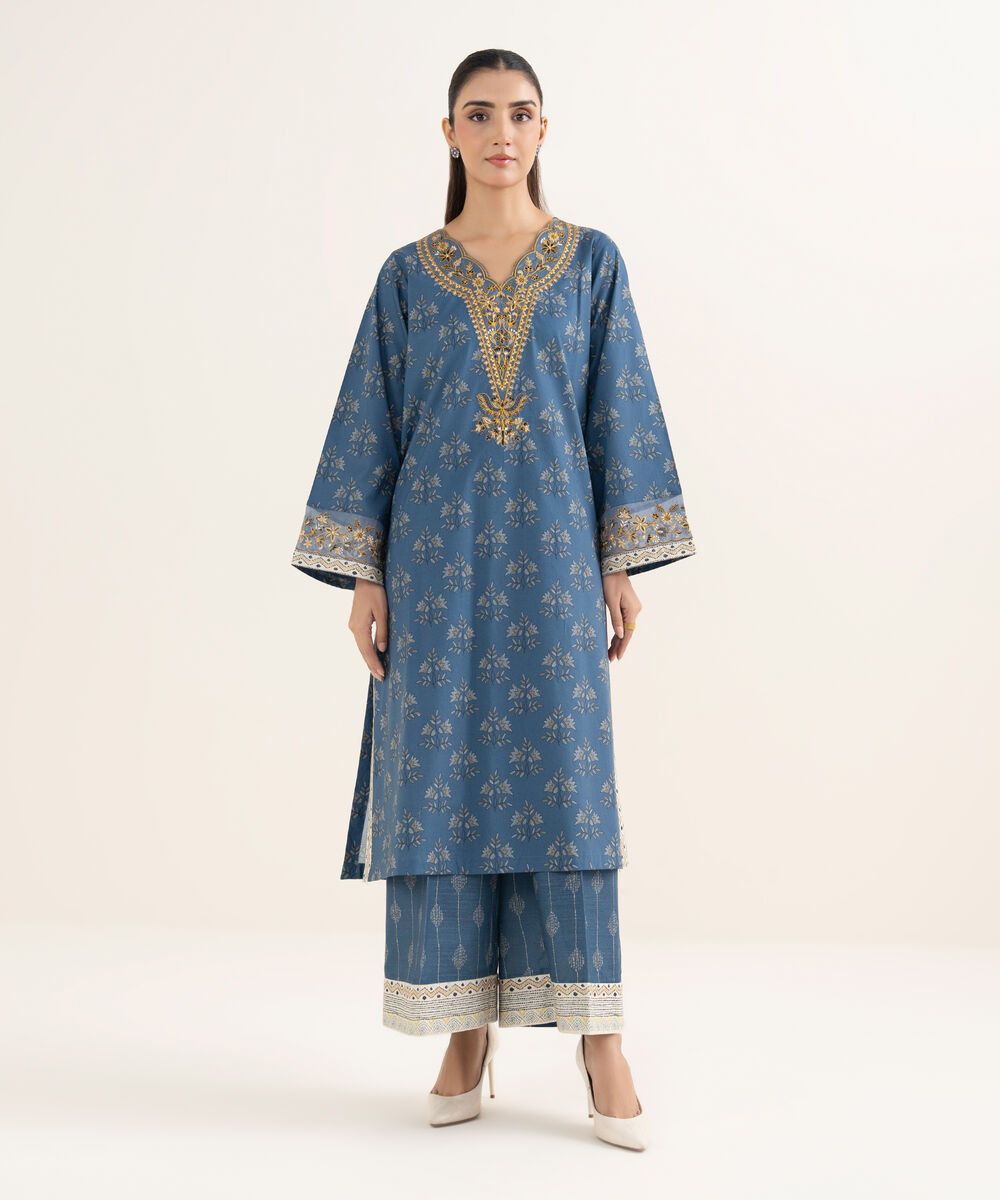 Women's RTW Cotton Embroidered Blue Shirt