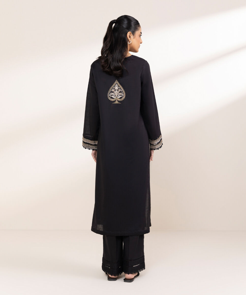 Women's Pret Cross Hatch Black Embroidered A-Line Shirt