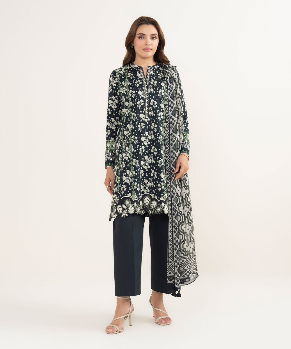 Women's Unstitched Lawn Embroidered Black 3 Piece Suit