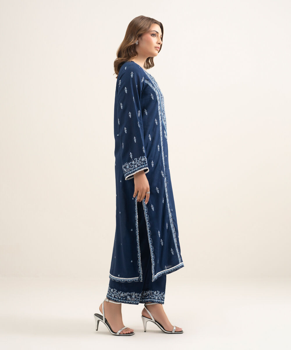Women's RTW Dobby Embroidered Blue Straight Shirt
