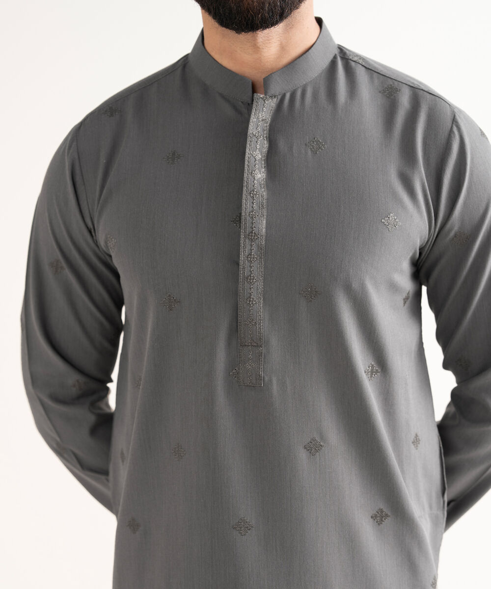 Men's Premium Wash And Wear Embroidered Charcoal Kurta Trouser
