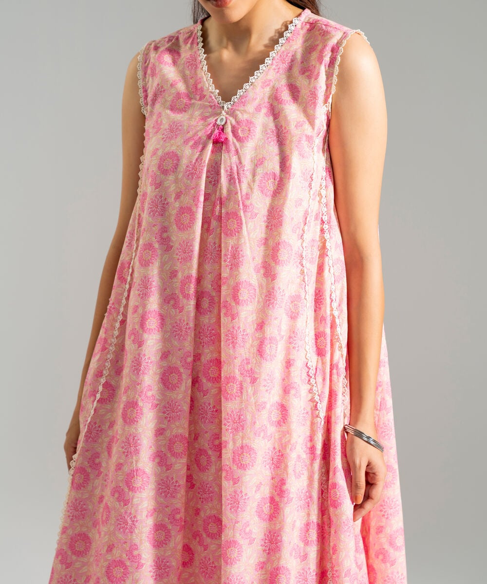 Women's RTW Slub Lawn Printed Pink A-Line Shirt